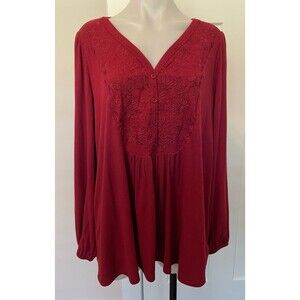 TORRID Womens Knit TOP Long Sleeve RED Ribbed Embroidered Size 2 (2X 18/20)